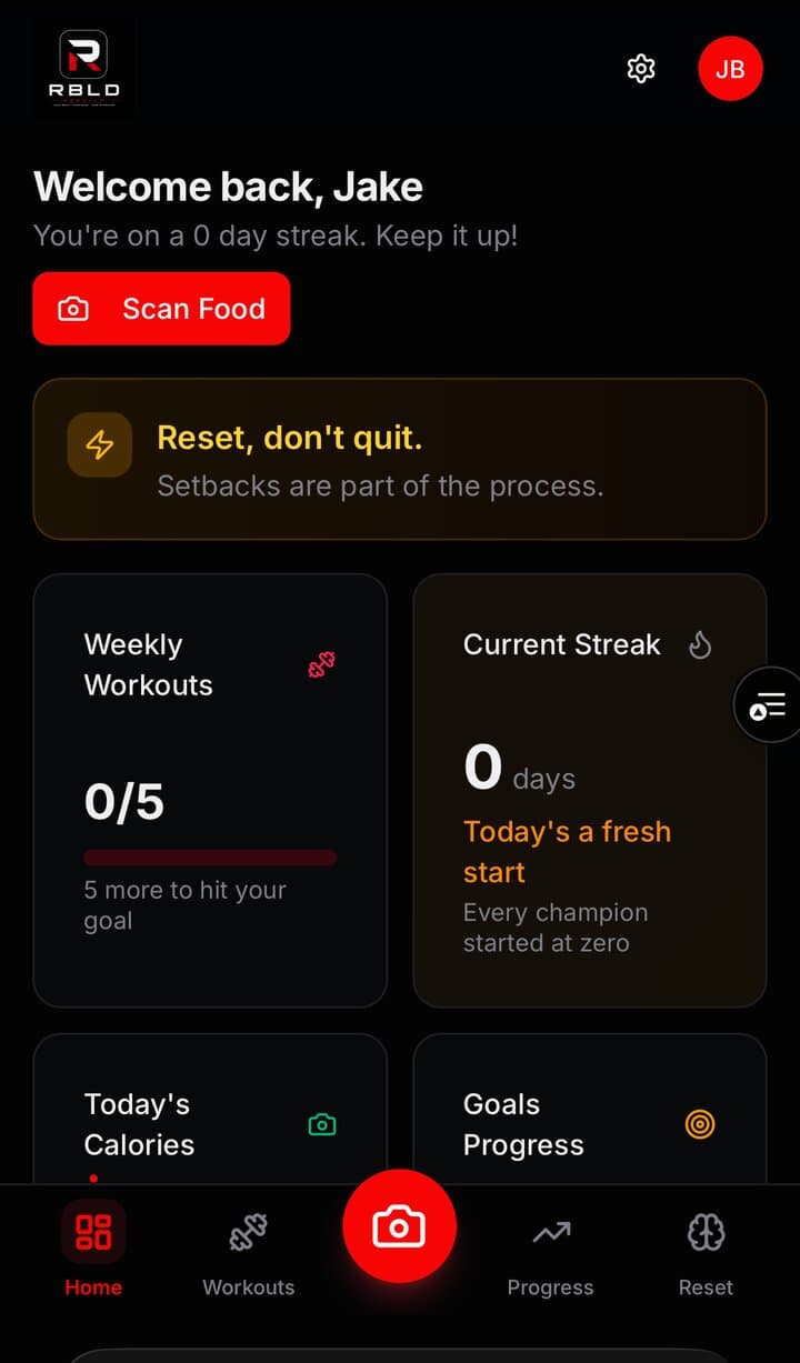 Custom training program loaded inside the RBLD coaching app — workouts, nutrition tracking, and progress all in one place