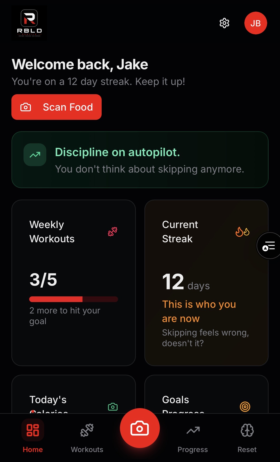 RBLD App Dashboard showing workout tracking, streak counter, and nutrition features