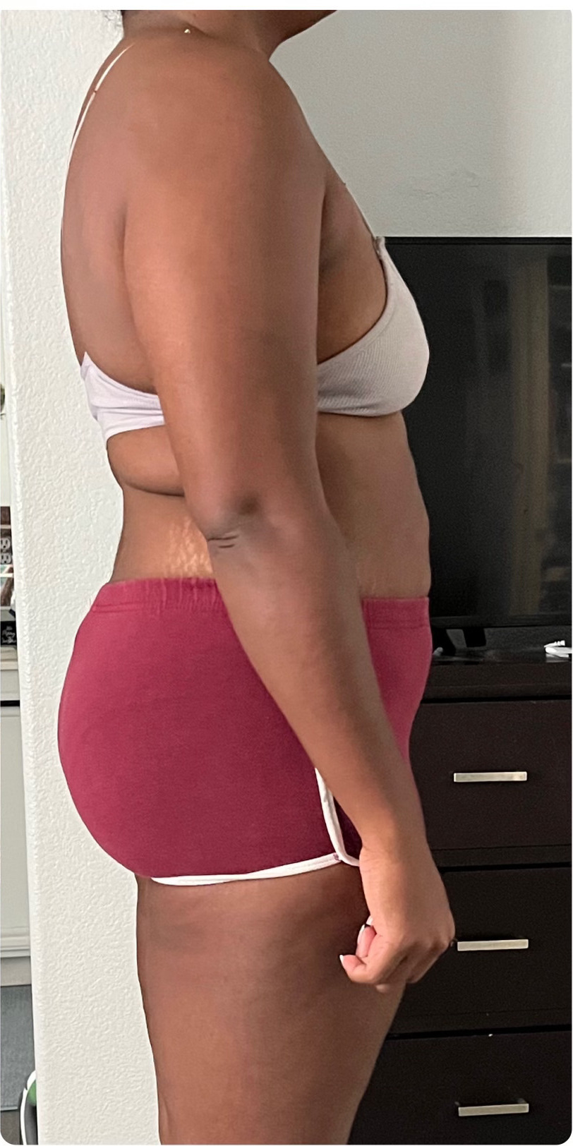 Patricia after 5 months with Put In Work Fitness — side profile showing 11 inches lost